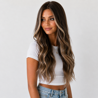 "Brianna" - Long Brown Wig With Highlights