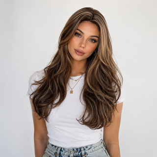"Devon" - Long Brown Curled Wig With Highlights