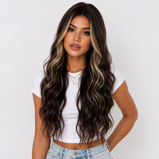 "Elisabeth" - Long Brown Wig with Money Piece Highlights