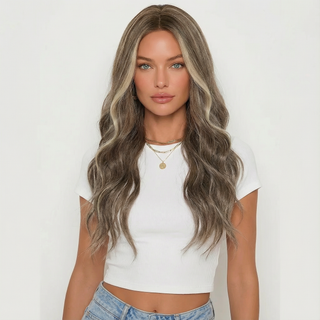 "Bella" - Brown Wig Blonde Money Piece Highlights