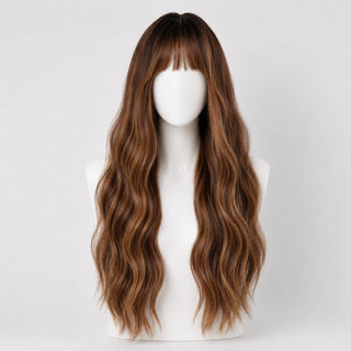 "Carmen" - Long Highlighted Brown Body Wave Wig with Bangs