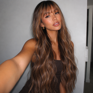 "Carmen" - Long Highlighted Brown Body Wave Wig with Bangs