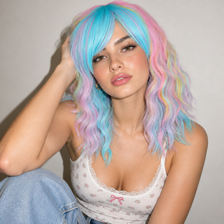 "Cassandra" - Pastel Rainbow Bodywave Wig with Bangs