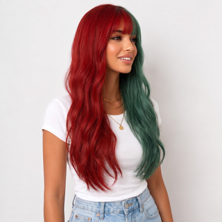 "Christmas" - Long Two Tone Red Green Wig With Bangs