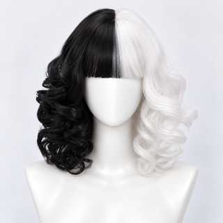 "Estella" - Curly Black & White Wig with Bangs