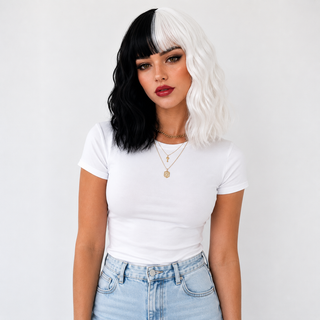 "Cruella" - Black and White Two Tone Wig Synthetic Wig with Bangs