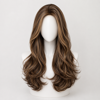"Devon" - Long Brown Curled Wig With Highlights