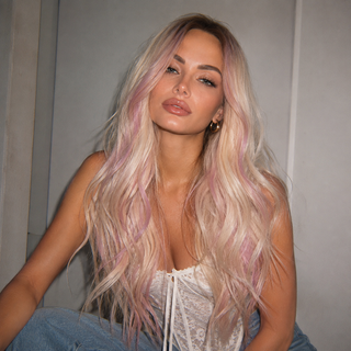 "Emily" - Long Blonde Wig with Pink Money Piece Highlights