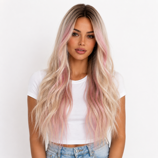 "Emily" - Long Blonde Wig with Pink Money Piece Highlights