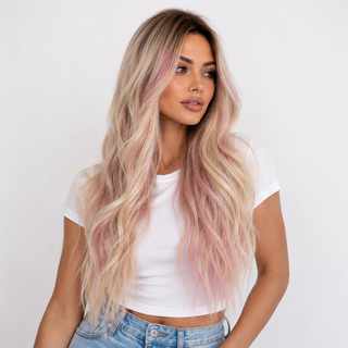 "Emily" - Long Blonde Wig with Pink Money Piece Highlights