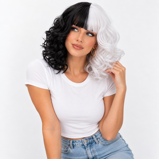 "Estella" - Curly Black & White Wig with Bangs