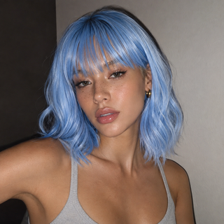 "Faye" - Short Pastel Blue Body Wave Wig with Bangs