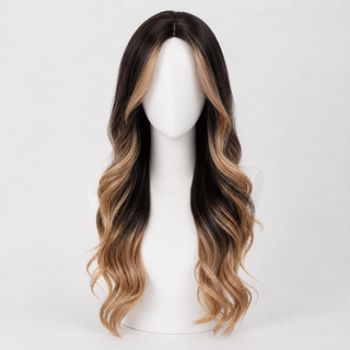 "Gia" - Perruque frisée brune avec reflets blonds