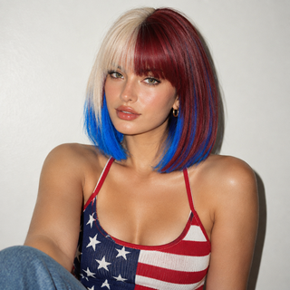 "Glory" - Short Red White Blue Bob Wig with Bangs