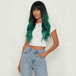 "Gemma" -  Long Green Rooted Wig with Bangs