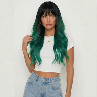 "Gemma" -  Long Green Rooted Wig with Bangs