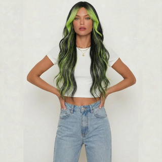 "Prism" - Long Black Wig with Neon Green Highlights