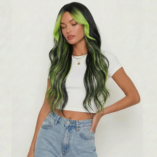 "Prism" - Long Black Wig with Neon Green Highlights
