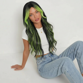 "Prism" - Long Black Wig with Neon Green Highlights
