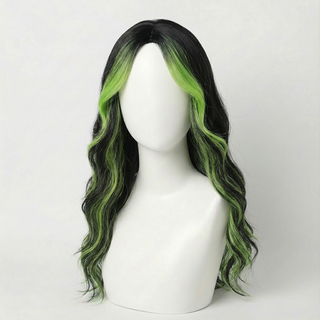 "Prism" - Long Black Wig with Neon Green Highlights