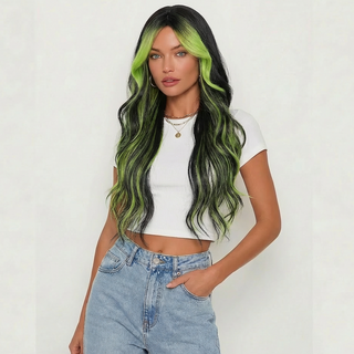 "Prism" - Long Black Wig with Neon Green Highlights