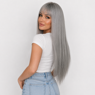 "Winny" - Long Straight Grey Silver Wig with Bangs