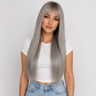 "Winny" - Long Straight Grey Silver Wig with Bangs