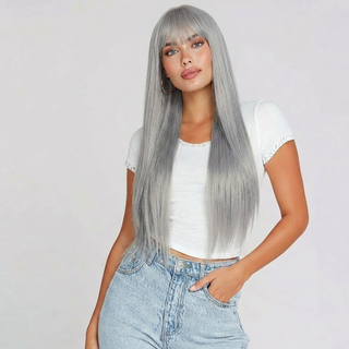 "Winny" - Long Straight Grey Silver Wig with Bangs
