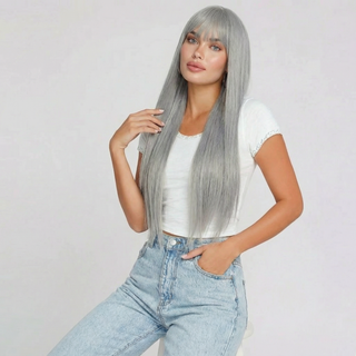 "Winny" - Long Straight Grey Silver Wig with Bangs