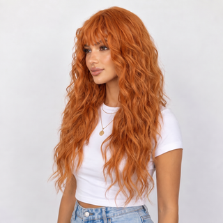 "Hazel" - Curly Auburn Orange Wig with Bangs