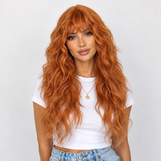 "Hazel" - Curly Auburn Orange Wig with Bangs