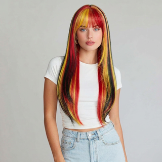 "Trinity - Long Red Black Yellow Wig with Bangs