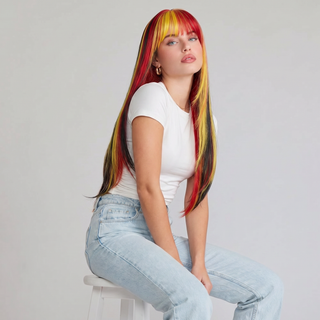 "Trinity - Long Red Black Yellow Wig with Bangs