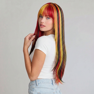 "Trinity - Long Red Black Yellow Wig with Bangs