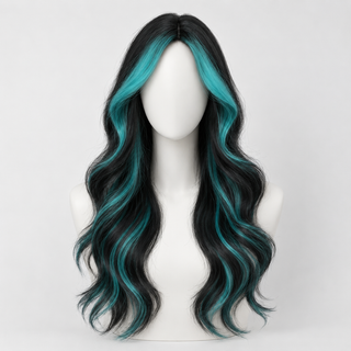 "Millie" - Long Black Wig with Teal Highlights