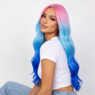 "Miami" - Long Wavy Pink Blue Ombre Rainbow Wig