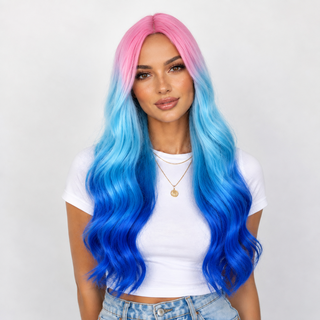 "Miami" - Long Wavy Pink Blue Ombre Rainbow Wig