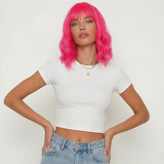 "Cerise" - Short Neon Pink Wig With Bangs