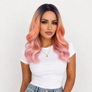 "Jilly" - Short Pink Orange Ombre Wig With Purple Roots