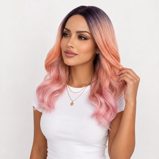 "Jilly" - Short Pink Orange Ombre Wig With Purple Roots