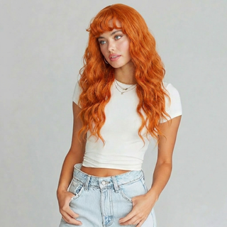 "Hazel" - Curly Auburn Orange Wig with Bangs