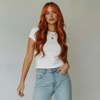 "Maisie" - Long Black Wig with Orange Highlights