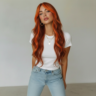 "Maisie" - Long Black Wig with Orange Highlights