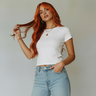 "Maisie" - Long Black Wig with Orange Highlights