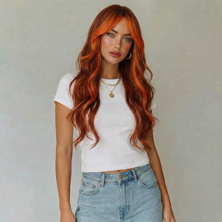 "Maisie" - Long Black Wig with Orange Highlights