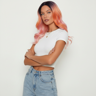 "Jilly" - Short Pink Orange Ombre Wig With Purple Roots