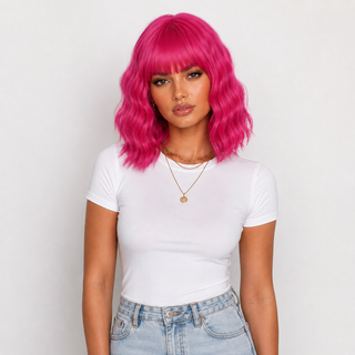 "Cerise" - Short Neon Pink Wig With Bangs