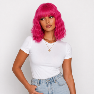 "Cerise" - Short Neon Pink Wig With Bangs