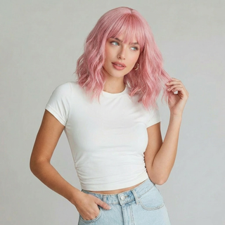 "Elle" - Short Baby Pink Wig with Bangs