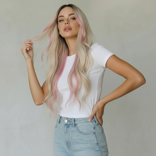 "Emily" - Long Blonde Wig with Pink Money Piece Highlights